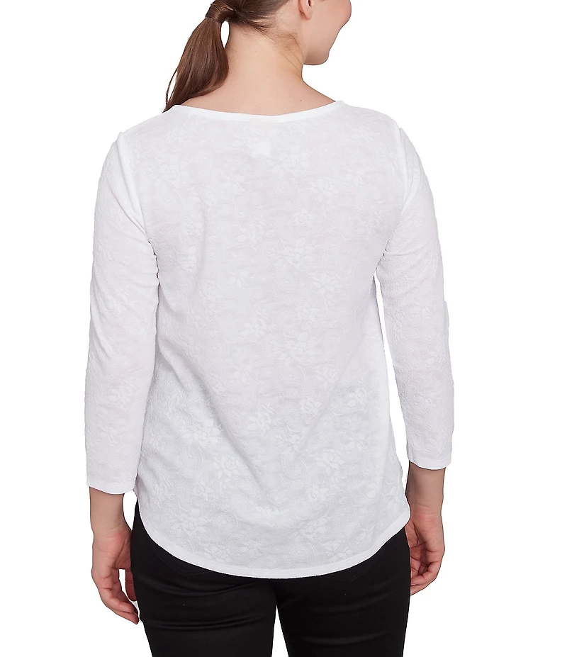 Ruby Rd. Solid Paisley Floral Textured Knit Double Bar Detail Top
