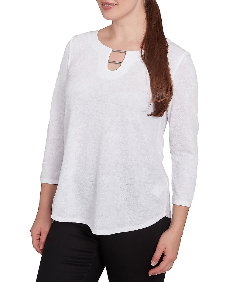 Ruby Rd. Solid Paisley Floral Textured Knit Double Bar Detail Top