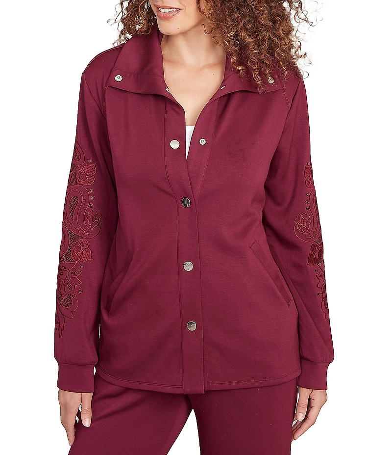 Ruby Rd. Solid Scuba Open Floral Cut-Out Embroidered Long Sleeve Snap-Front Jacket