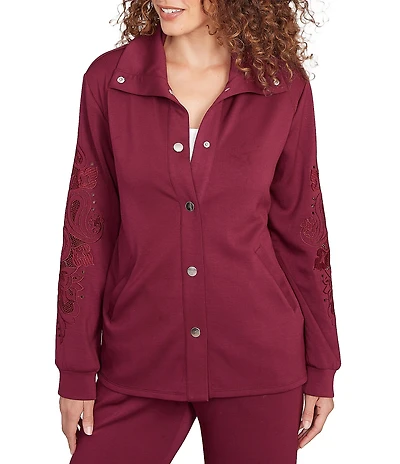 Ruby Rd. Solid Scuba Open Floral Cut-Out Embroidered Long Sleeve Snap-Front Jacket
