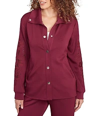 Ruby Rd. Solid Scuba Open Floral Cut-Out Embroidered Long Sleeve Snap-Front Jacket