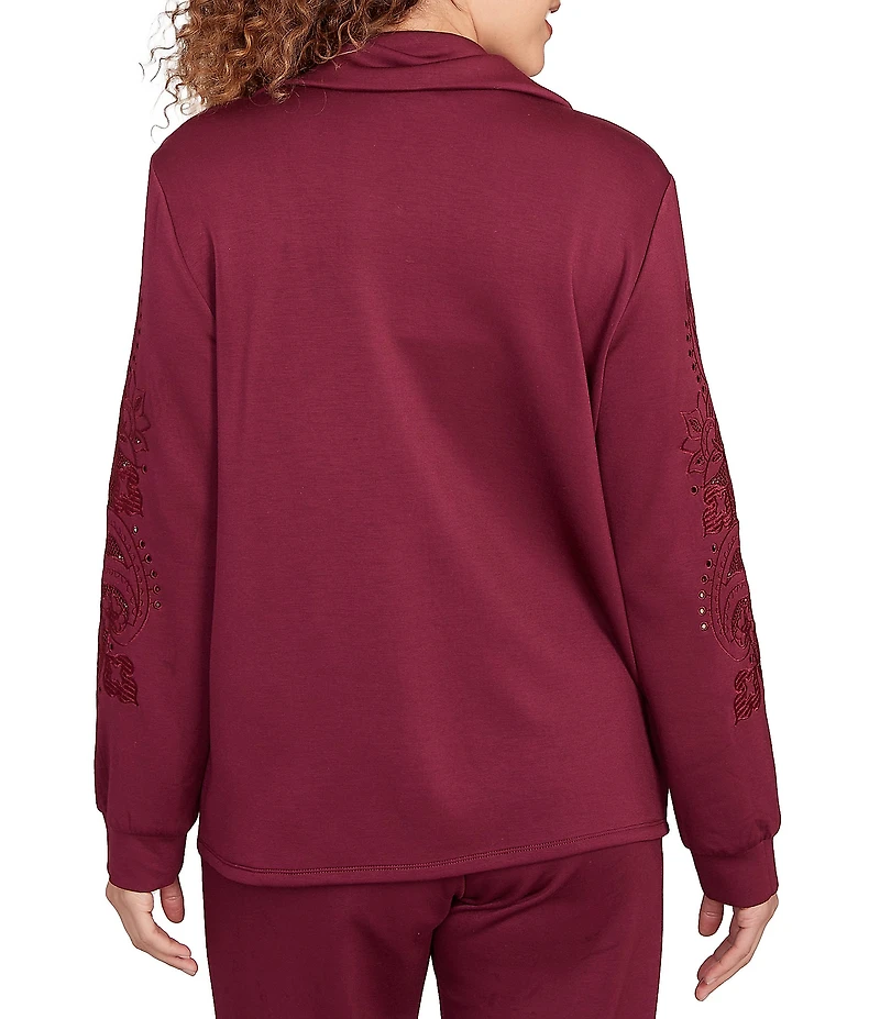Ruby Rd. Solid Scuba Open Floral Cut-Out Embroidered Long Sleeve Snap-Front Jacket
