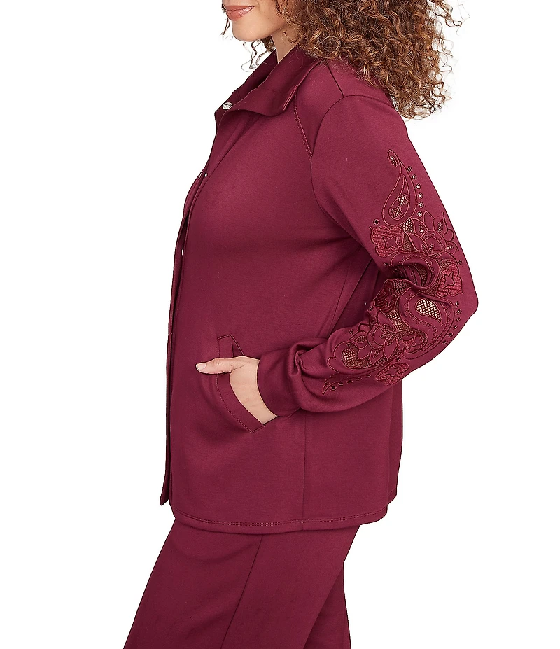 Ruby Rd. Solid Scuba Open Floral Cut-Out Embroidered Long Sleeve Snap-Front Jacket