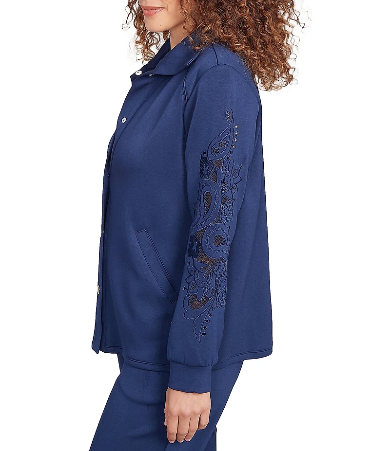 Ruby Rd. Solid Scuba Open Floral Cut-Out Embroidered Long Sleeve Snap-Front Jacket