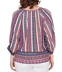 Ruby Rd. Southwest Stripe Border Print Metallic Detail Braid Trim V-Neck 3/4 Balloon Sleeve Top