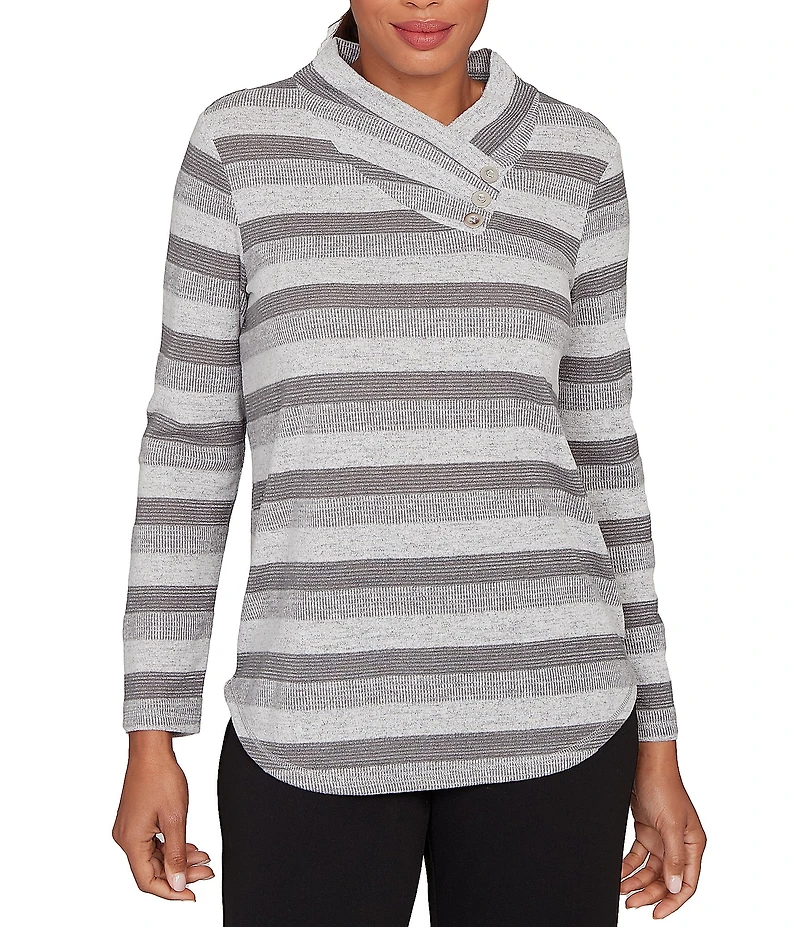 Ruby Rd. Sparkling Metallic Stripe Knit Shawl Neck Long Sleeve Top