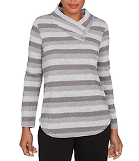 Ruby Rd. Sparkling Metallic Stripe Knit Shawl Neck Long Sleeve Top