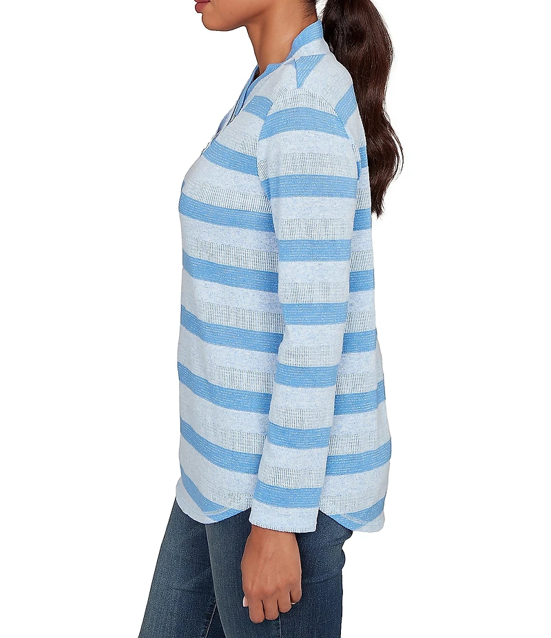Ruby Rd. Sparkling Metallic Stripe Knit Shawl Neck Long Sleeve Top