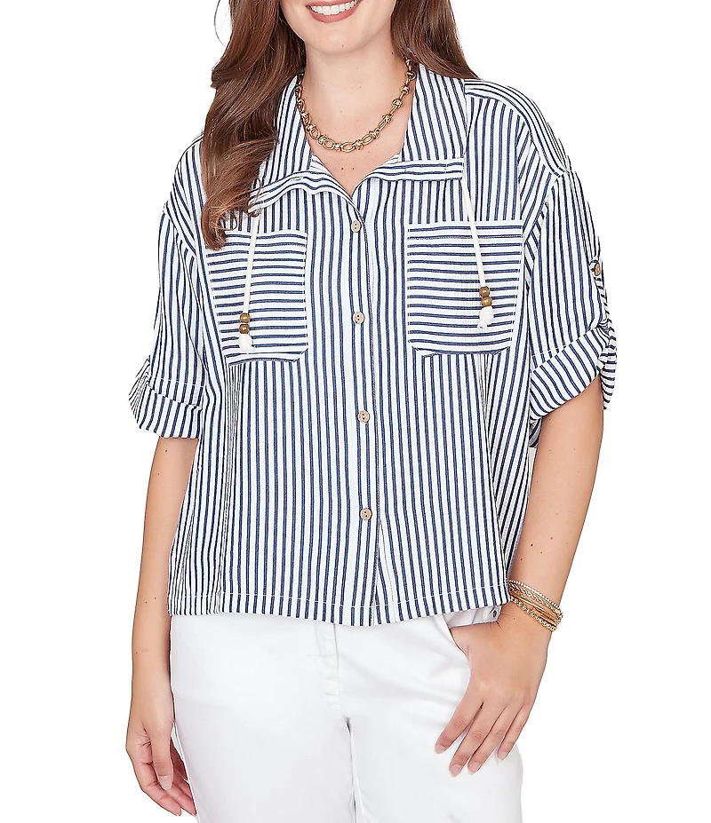 Ruby Rd. Spliced Stripe Spread Collar 3/4 Roll-Tab Sleeve Button-Front Jacket