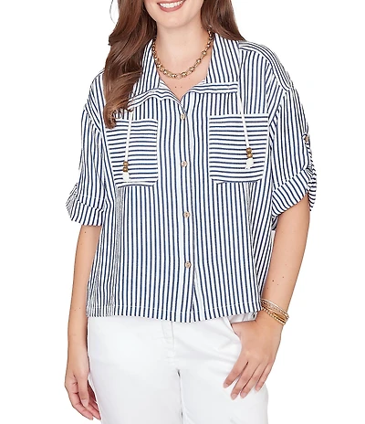 Ruby Rd. Spliced Stripe Spread Collar 3/4 Roll-Tab Sleeve Button-Front Jacket