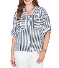 Ruby Rd. Spliced Stripe Spread Collar 3/4 Roll-Tab Sleeve Button-Front Jacket