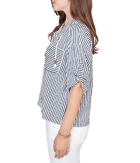 Ruby Rd. Spliced Stripe Spread Collar 3/4 Roll-Tab Sleeve Button-Front Jacket