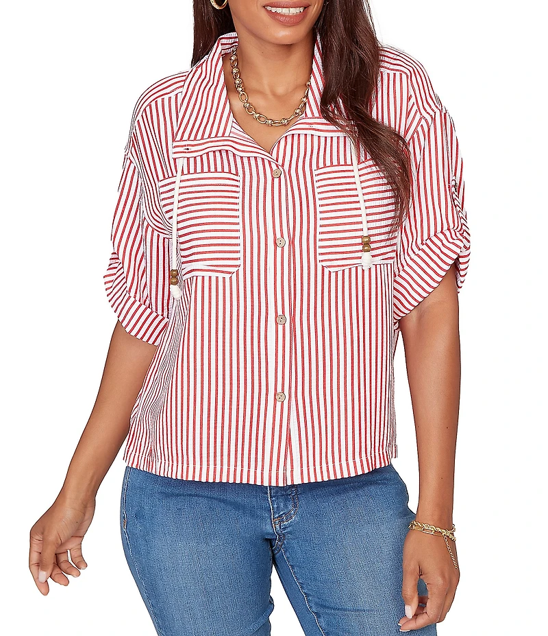Ruby Rd. Spliced Stripe Spread Collar 3/4 Roll-Tab Sleeve Button-Front Jacket