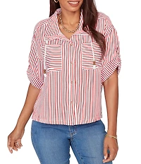 Ruby Rd. Spliced Stripe Spread Collar 3/4 Roll-Tab Sleeve Button-Front Jacket