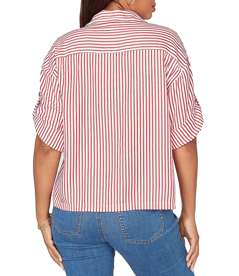 Ruby Rd. Spliced Stripe Spread Collar 3/4 Roll-Tab Sleeve Button-Front Jacket