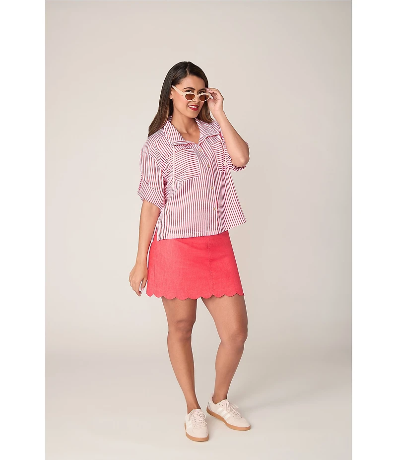 Ruby Rd. Spliced Stripe Spread Collar 3/4 Roll-Tab Sleeve Button-Front Jacket