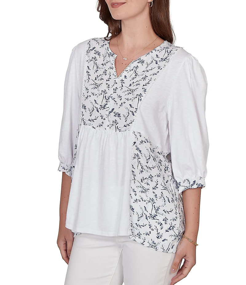 Ruby Rd. Split V-Neck 3/4 Sleeve Sharkbite Hem Flowy Top