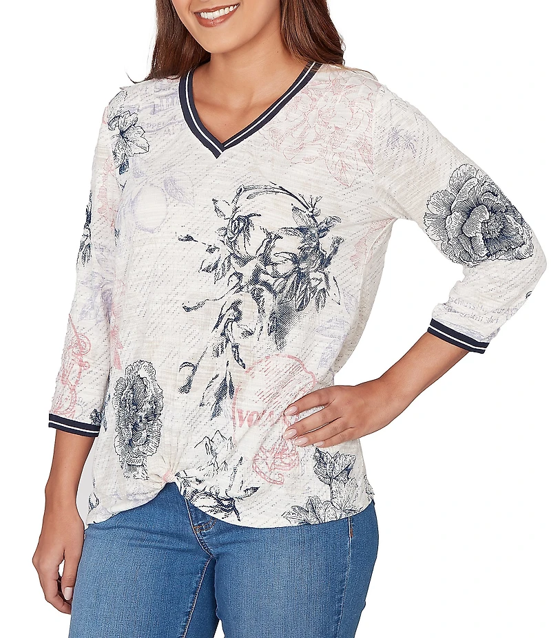 Ruby Rd. Stamp Botanical Floral V-Neck 3/4 Sleeve Knit Top