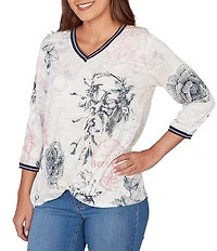 Ruby Rd. Stamp Botanical Floral V-Neck 3/4 Sleeve Knit Top