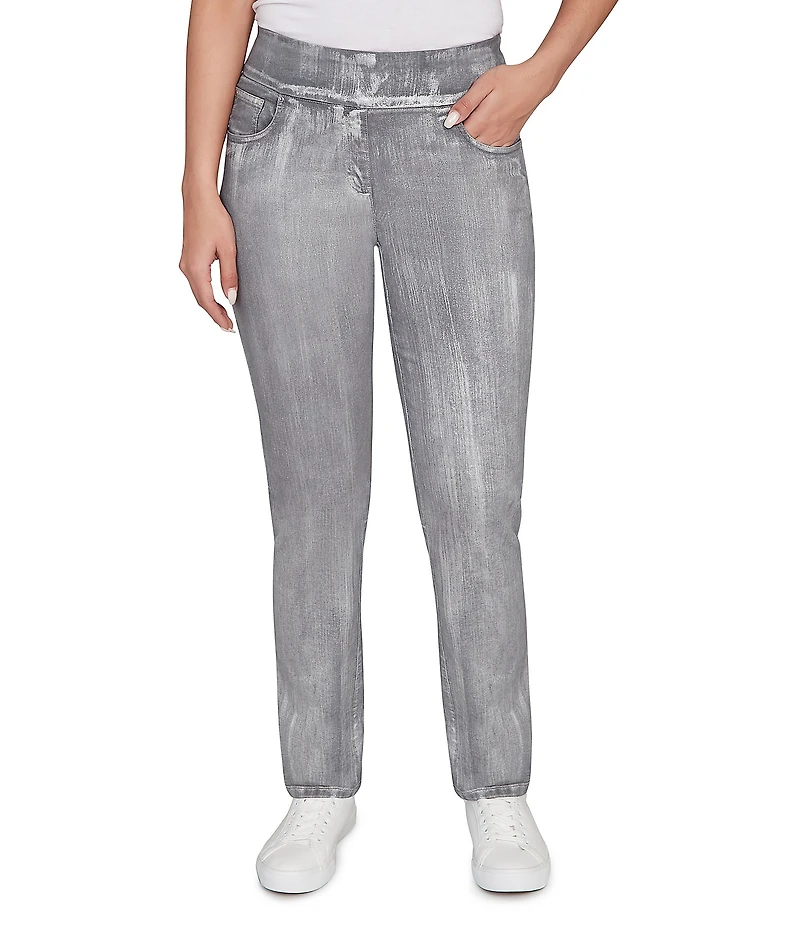 Ruby Rd. Stretch Cotton-Blend Straight Slim Leg Metallic Denim Pull-On Jeans