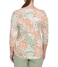 Ruby Rd.Stretch Cotton Jersey Floral Envelope Neck 3/4 Sleeve Top