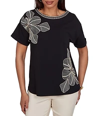 Ruby Rd. Stretch Knit Embroidered Floral Boat Neck Short Sleeve Tee