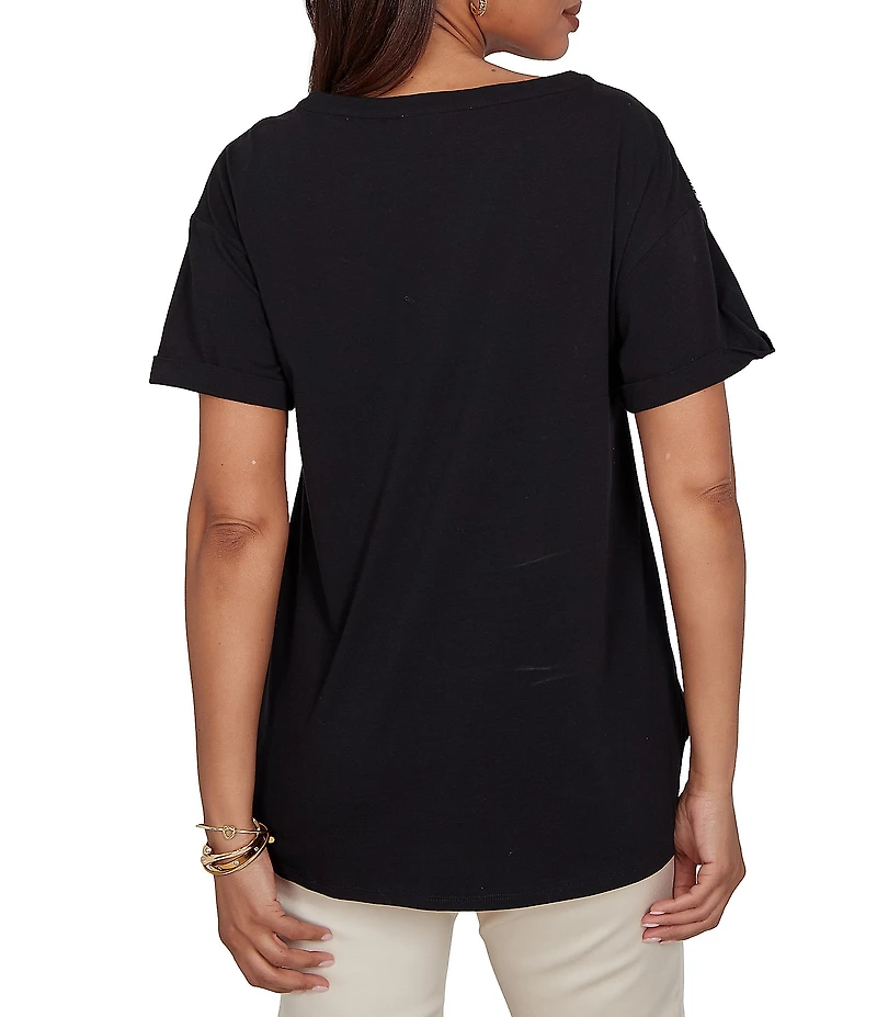 Ruby Rd. Stretch Knit Embroidered Floral Boat Neck Short Sleeve Tee