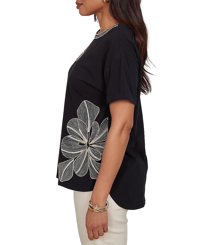 Ruby Rd. Stretch Knit Embroidered Floral Boat Neck Short Sleeve Tee
