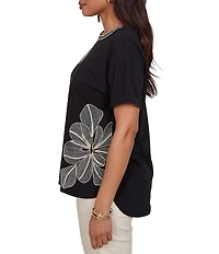 Ruby Rd. Stretch Knit Embroidered Floral Boat Neck Short Sleeve Tee