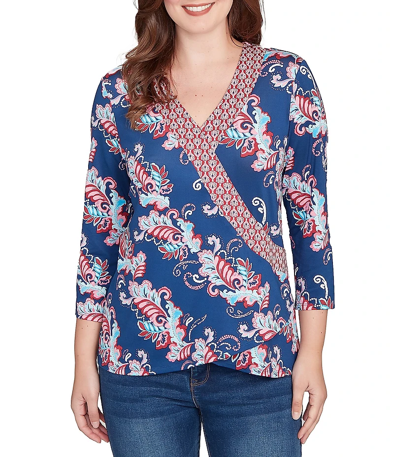 Ruby Rd. Stretch Knit Floral Surplice V-Neck 3/4 Sleeve Top