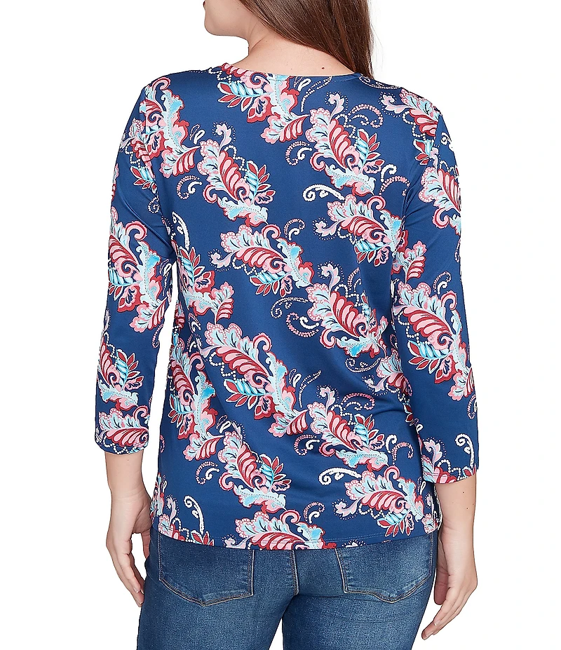 Ruby Rd. Stretch Knit Floral Surplice V-Neck 3/4 Sleeve Top