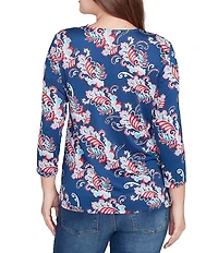 Ruby Rd. Stretch Knit Floral Surplice V-Neck 3/4 Sleeve Top