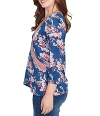 Ruby Rd. Stretch Knit Floral Surplice V-Neck 3/4 Sleeve Top