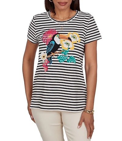 Ruby Rd. Stretch Knit Stripe Toucan Heat-Set Embroidered Scoop Neck Short Sleeve Tee