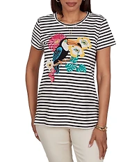 Ruby Rd. Stretch Knit Stripe Toucan Heat-Set Embroidered Scoop Neck Short Sleeve Tee