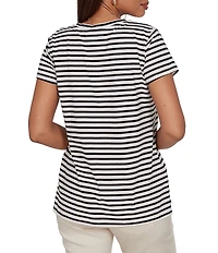Ruby Rd. Stretch Knit Stripe Toucan Heat-Set Embroidered Scoop Neck Short Sleeve Tee