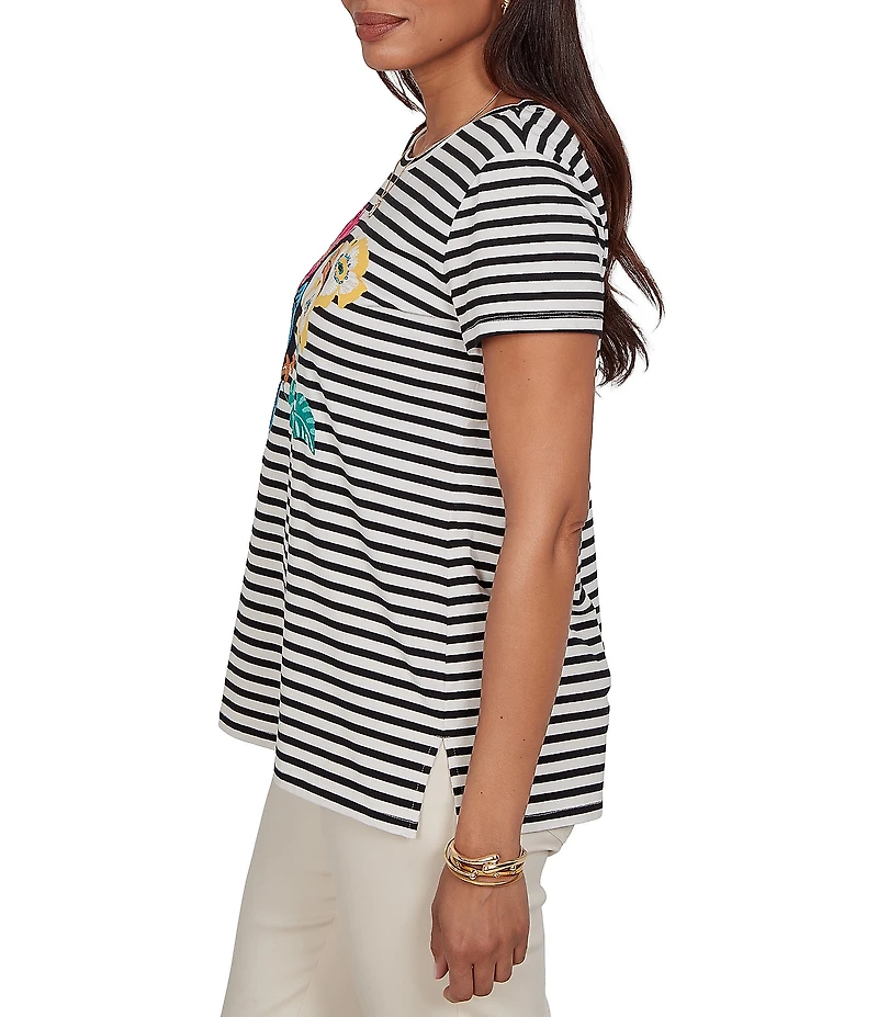 Ruby Rd. Stretch Knit Stripe Toucan Heat-Set Embroidered Scoop Neck Short Sleeve Tee
