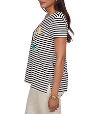 Ruby Rd. Stretch Knit Stripe Toucan Heat-Set Embroidered Scoop Neck Short Sleeve Tee