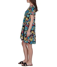 Ruby Rd. Stretch Knit Vibrant Tropical Scoop Neck Short Sleeve Tiered Dress
