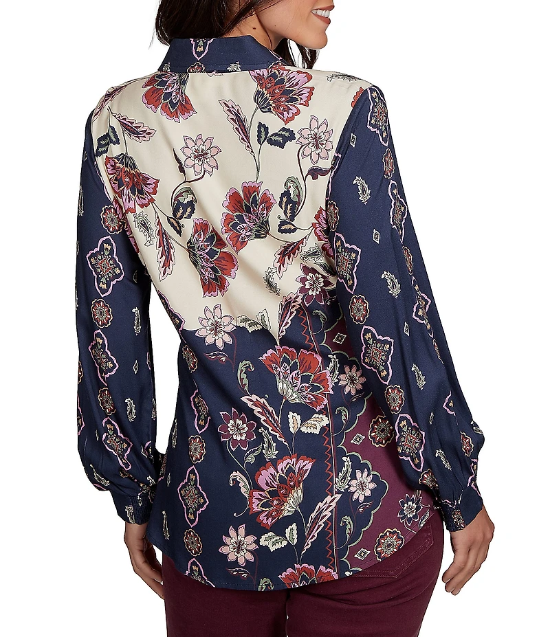 Ruby Rd. Stretch Twill Garden Floral Point Collar Long Sleeve Button Front Shirt