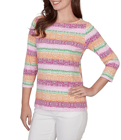 Ruby Rd. Stripe Medallion Boat Neck 3/4 Sleeve Top