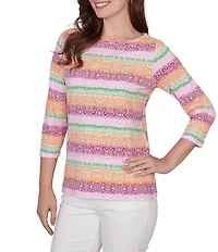 Ruby Rd. Stripe Medallion Boat Neck 3/4 Sleeve Top