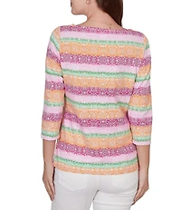 Ruby Rd. Stripe Medallion Boat Neck 3/4 Sleeve Top