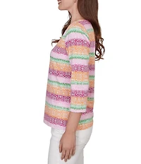 Ruby Rd. Stripe Medallion Boat Neck 3/4 Sleeve Top