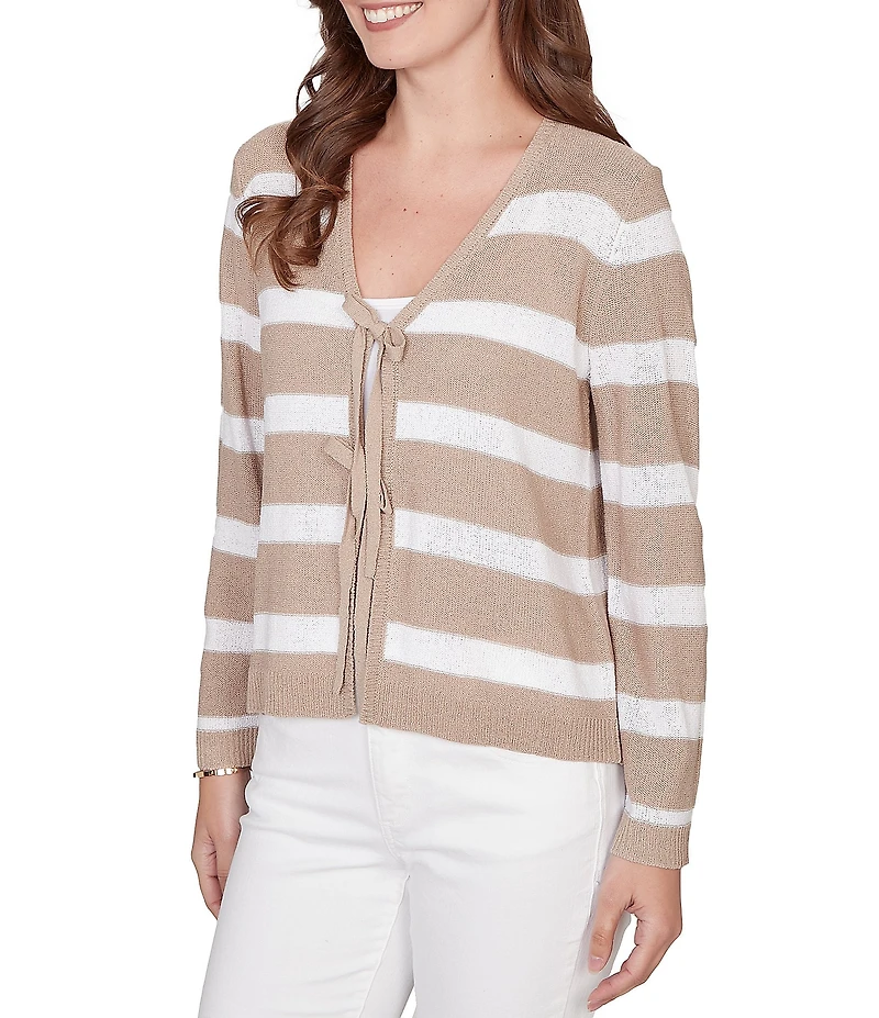 Ruby Rd. Stripe V-Neck Long Sleeve Tie-Front Sweater