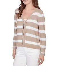 Ruby Rd. Stripe V-Neck Long Sleeve Tie-Front Sweater