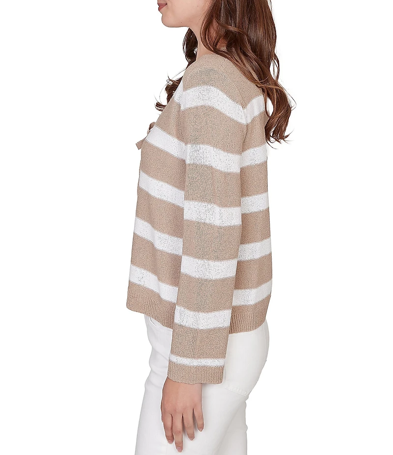 Ruby Rd. Stripe V-Neck Long Sleeve Tie-Front Sweater