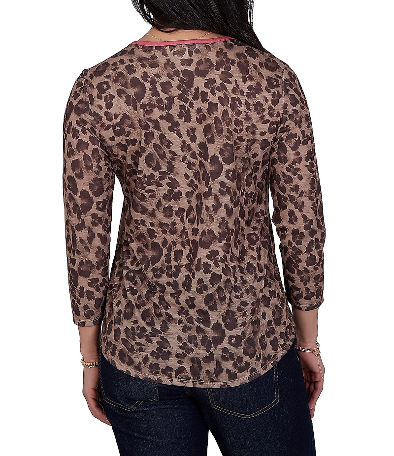 Ruby Rd. Sublimation Knit Cheetah Scoop Neck 3/4 Sleeve Solid Trim Pullover