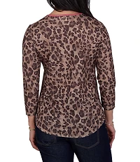 Ruby Rd. Sublimation Knit Cheetah Scoop Neck 3/4 Sleeve Solid Trim Pullover