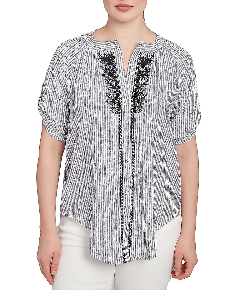 Ruby Rd. Super Soft Puckered Embroidered Stripe Short Roll-Tab Button Front Shirt